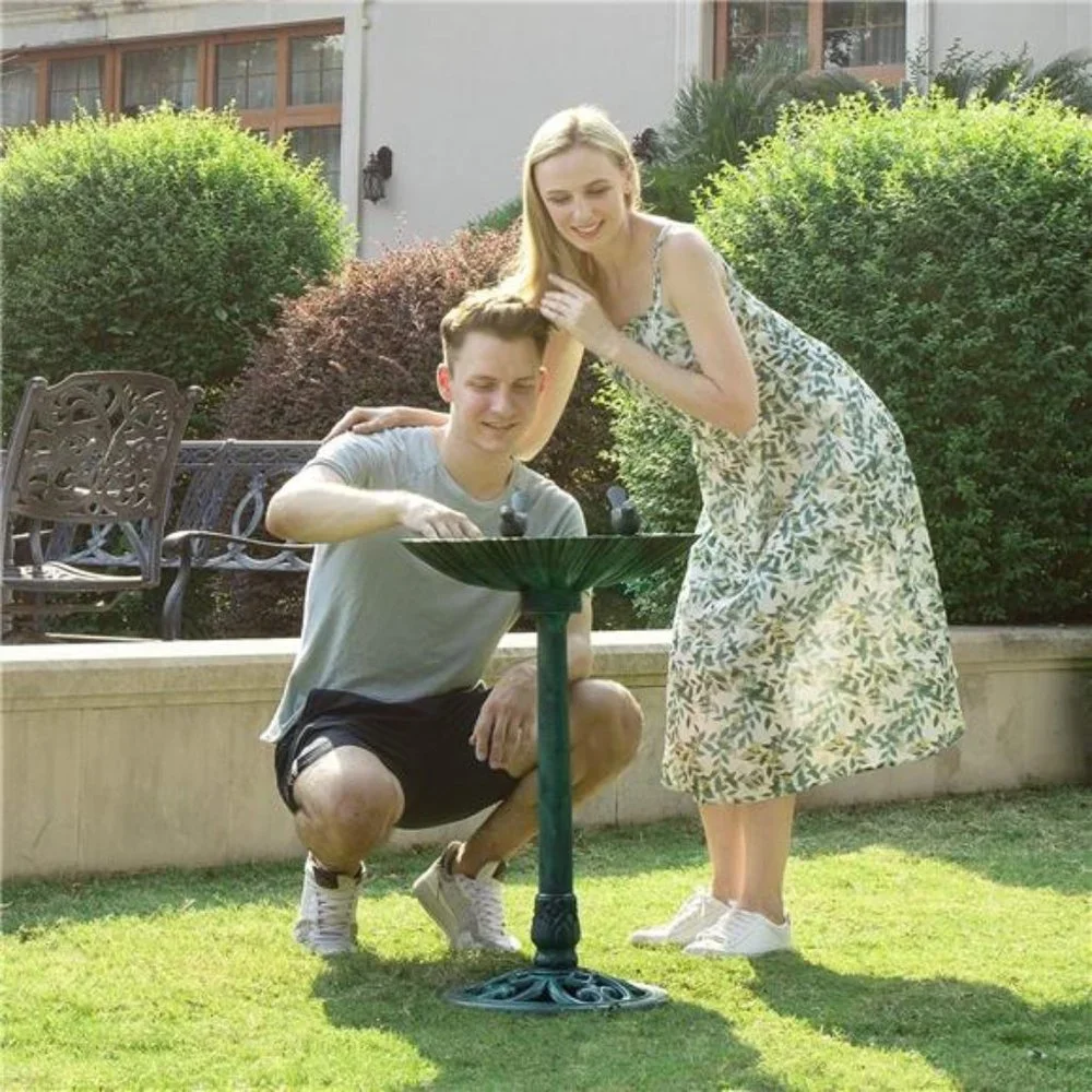 28 Inch Height Polyresin Lightweight Outdoor Double Birds Garden Bird Bath Green